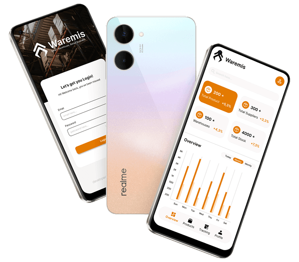 Warmis mobile app showing login and inventory dashboard screens